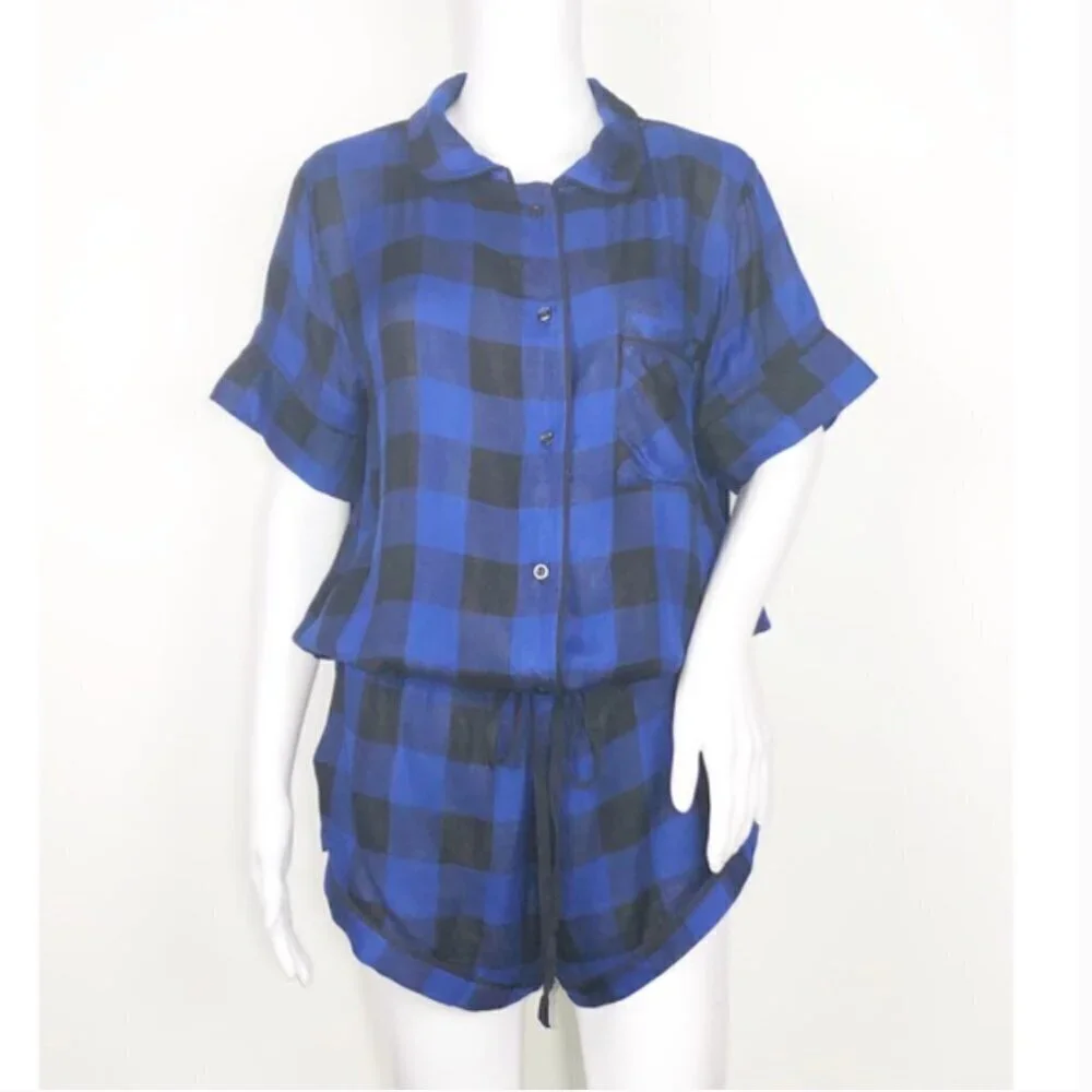 Revolve Plush Pajama Shorts Set M Ultra Soft Plaid Blue Black Lounge Comfy